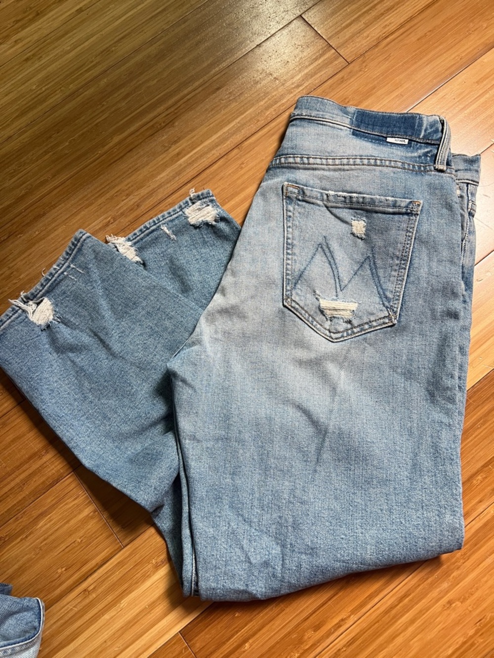 MOTHER Light Blue Distressed Straight Jeans